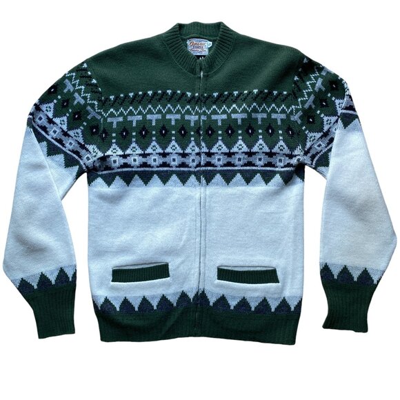 Vintage Orlon Campus Fair Isle Zip Cardigan Grandpa Sweater Kurt Cobain Grunge-M